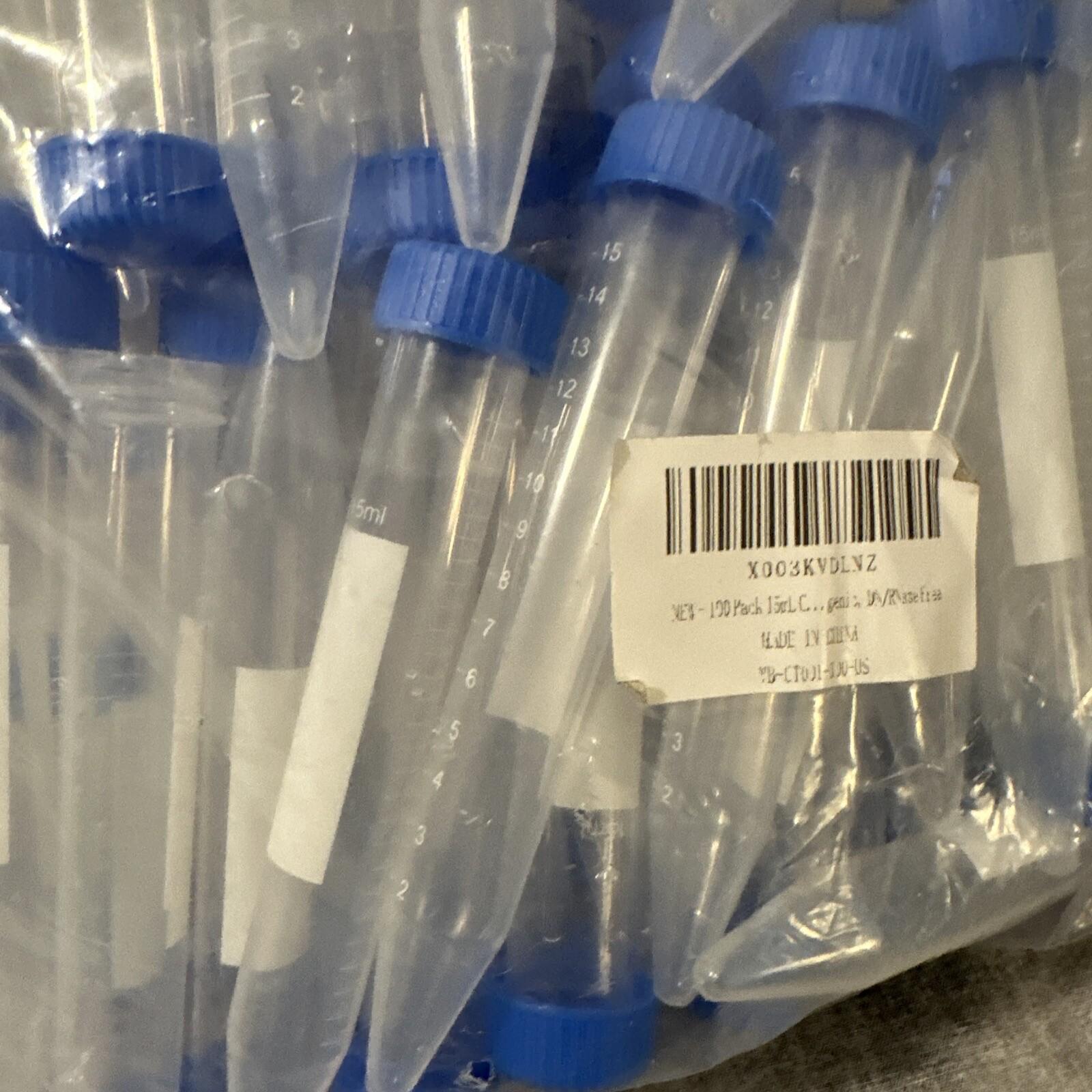 100 Pack 15ml Centrifuge Tubes Conical Bottom Screw Cap Polypropylene Sterile